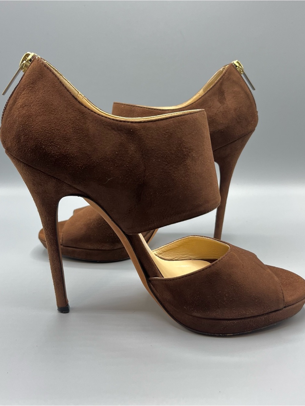 Jimmy Choo London Brown Suede Peep Toe Platform Heels Women EU 39.5 Italy 9.5 US - Picture 13 of 16